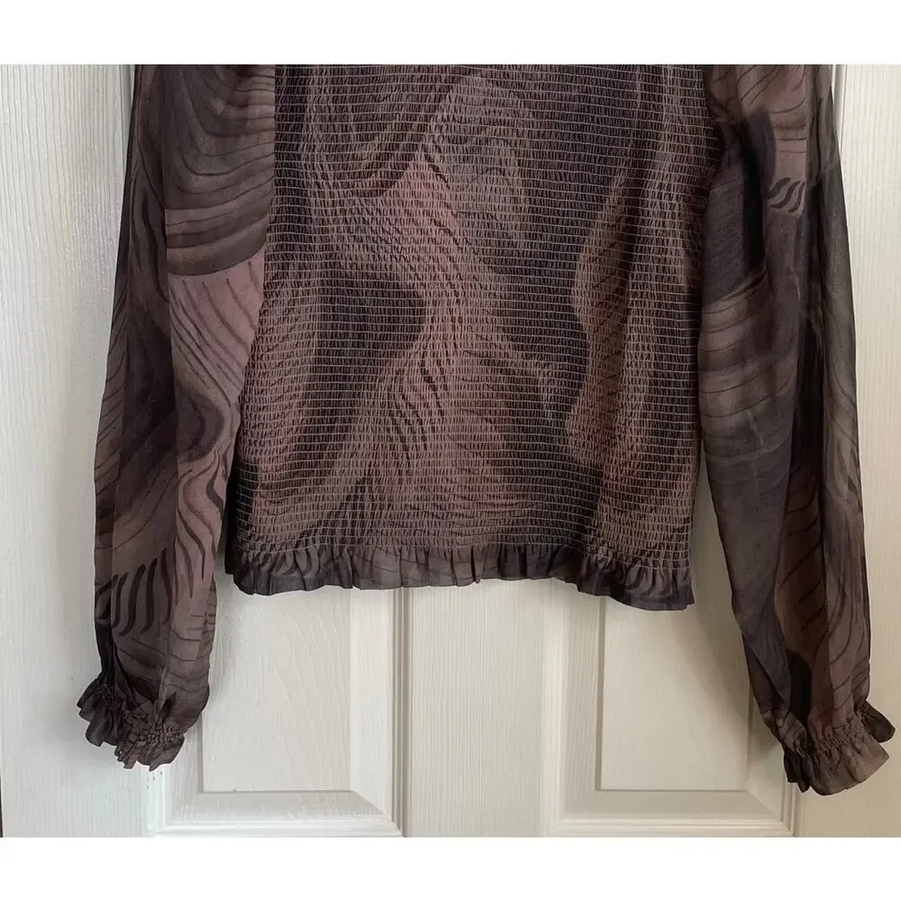 Truth By Republic NWT *FLAW* Smocked Blouse Top Sz M Sheer Long Sleeves Brown - Picture 6 of 14